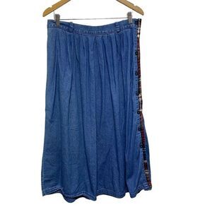 Susan Bristol Vintage Skirt Womens 12 Denim Chambray Side‎ Buttons Plaid Trim